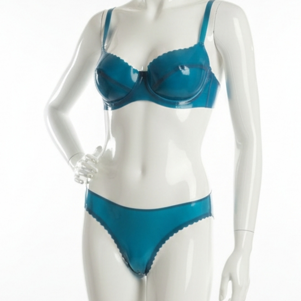 Libidex Latex Transparent Blue Scallop Knicker Bra Set 32E XS